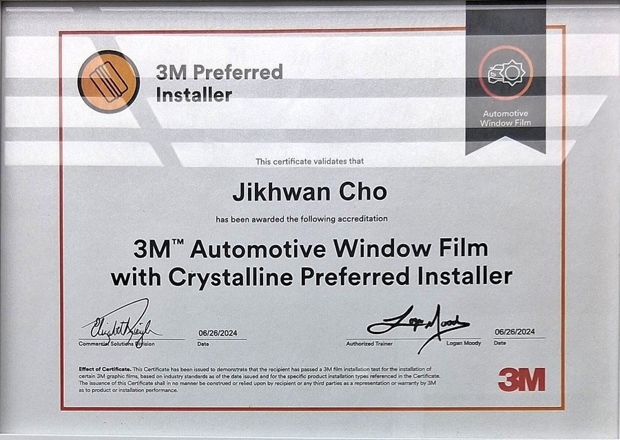 조직환 수석(Jikhwan Cho)의 3M Automotive Window Film with Crystalline Preferred Installer 인증서, 2024년 6월 26일